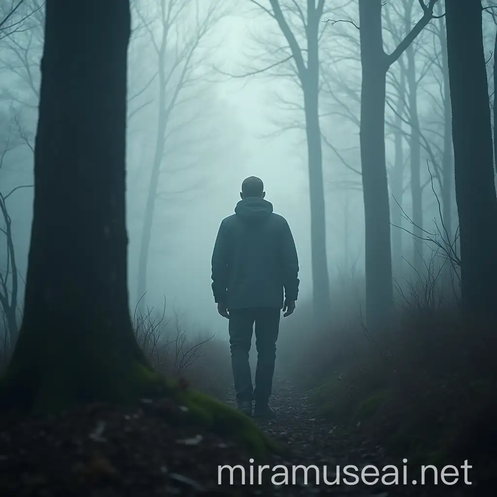 Man Standing in Foggy Woods Realistic 4K Photo