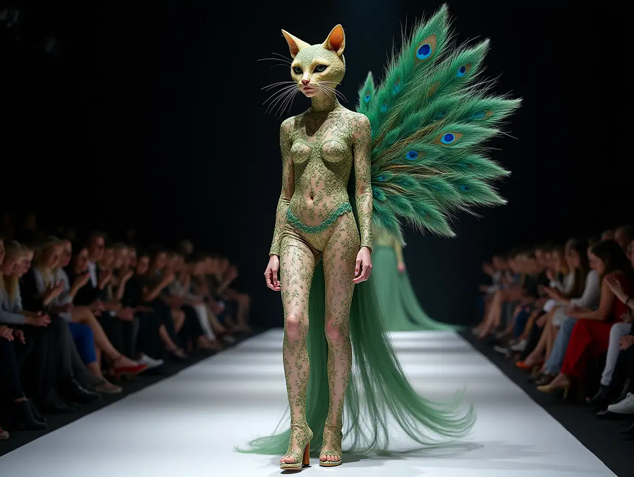 Ki-Fantasy, a mix of man-, cat- and peacock head design with beautiful shoes at a fashion show