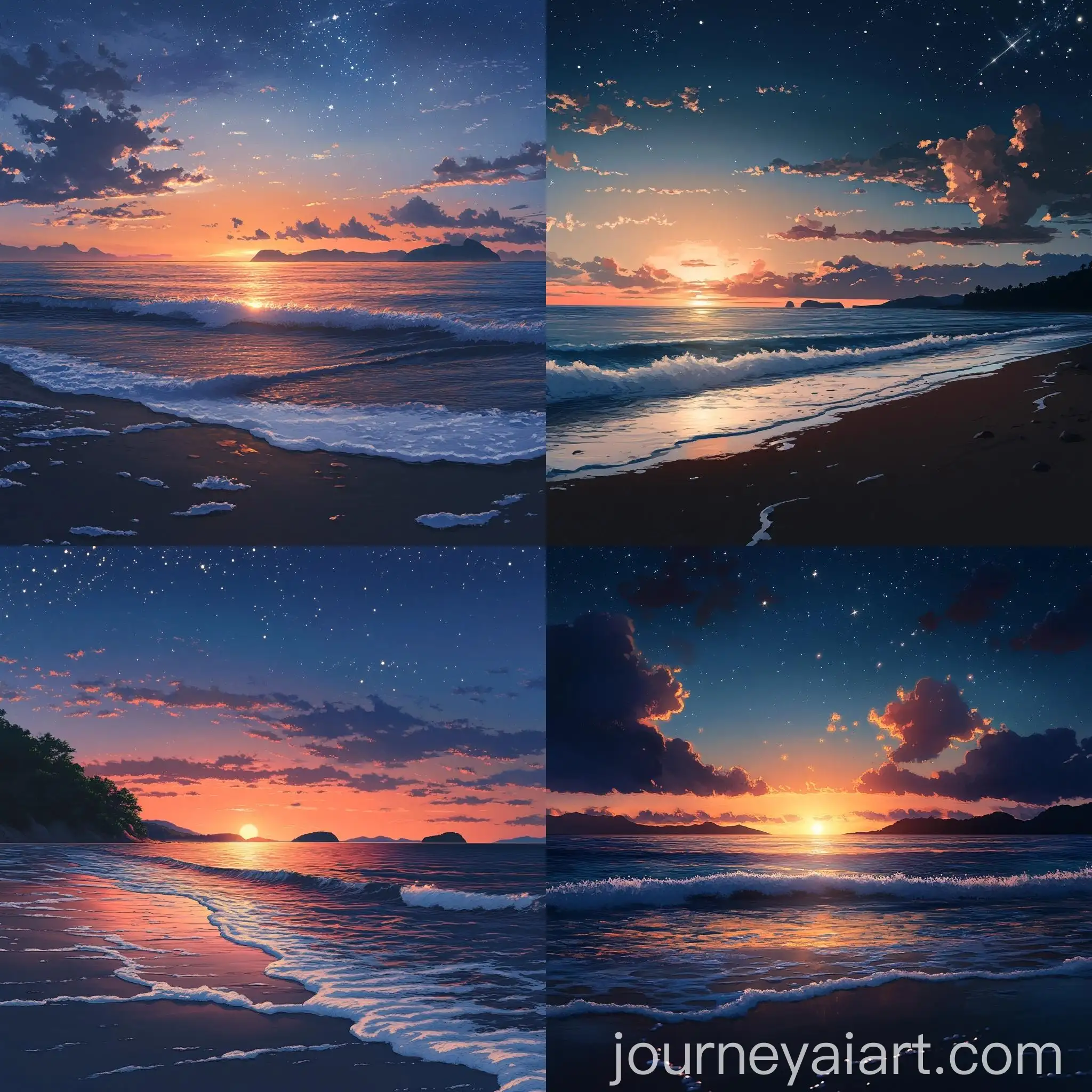 Serene-Twilight-Beach-with-Distant-Islands-and-Starlit-Sky