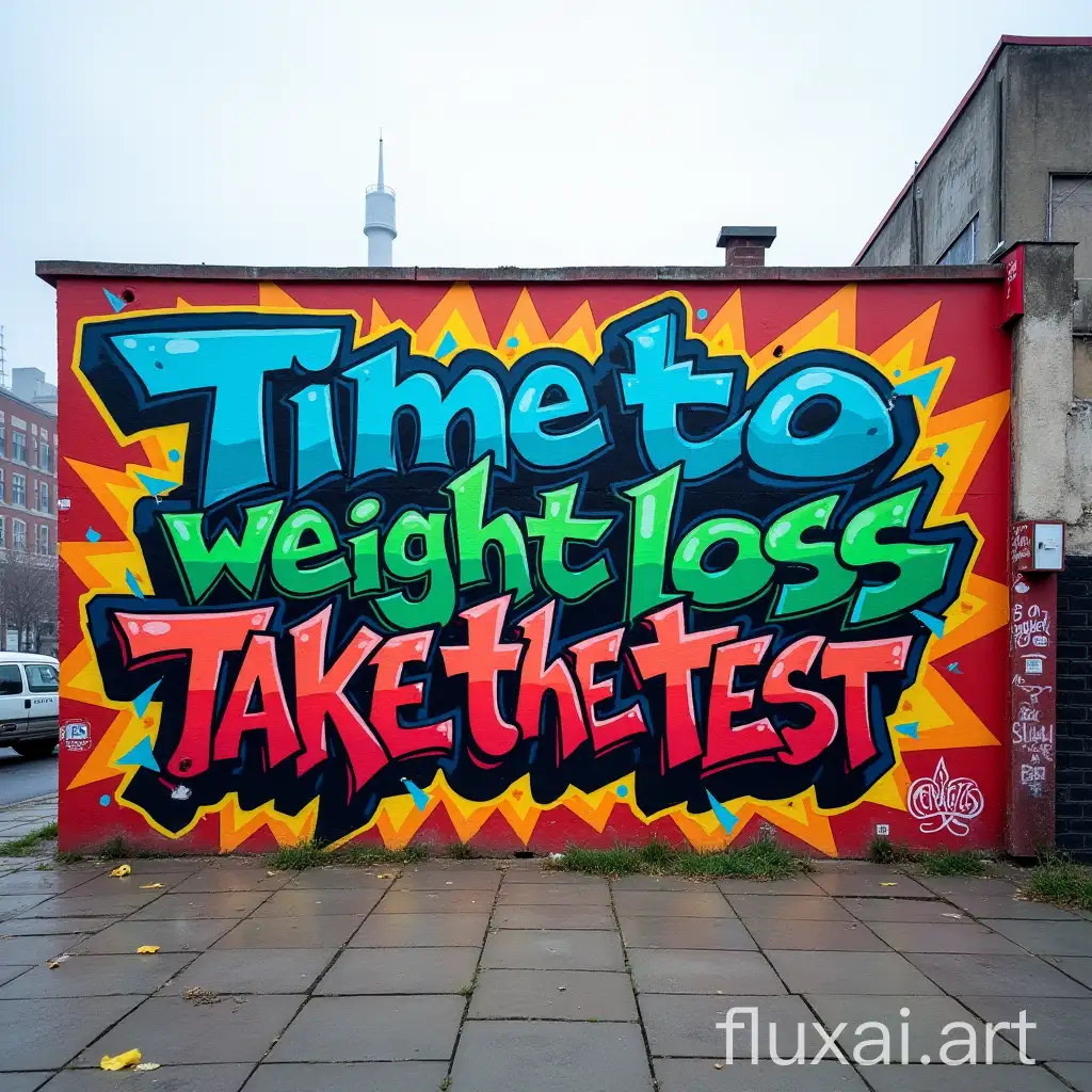 large-scale graffiti art on a sprawling urban wall. The graffiti is done in a wild style, featuring intricate, overlapping letters and vibrant, clashing colors that create a sense of movement and depth. The first line of text, 'Time to weight loss', is painted in bold, exaggerated fonts with sharp angles and curves, using a palette of electric blues and vivid greens to symbolize energy and health. The second line, 'Take the test', follows beneath in a daring, aggressive font, crafted in striking reds and oranges to stand out and provoke action. This graffiti is set against a backdrop of a busy cityscape, with the wall taking center stage in an otherwise gritty urban setting, showing elements like distant buildings and faint city noise, adding to the street art's authentic feel