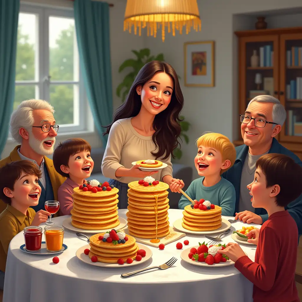 Prompt for image creation: Third day of Maslenitsa, 'Lavishness'. Bright, festive scene: table, set for a feast, with large stacks of golden pancakes, decorated with berries, honey and sour cream. Family gathered around the table, different generations, grandparents, mom and dad, children . A woman carrying pancakes happily with long dark hair. Also on the table are jars of jam and fresh fruits. In the background - a cozy apartment, living room. The atmosphere of joy, warmth and celebration is in the air.