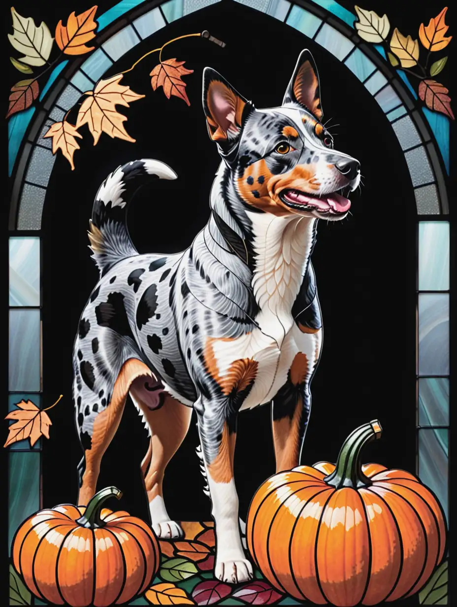 Australian Cattle Dog with Pumpkin and Fall Leaves in Stained Glass Design