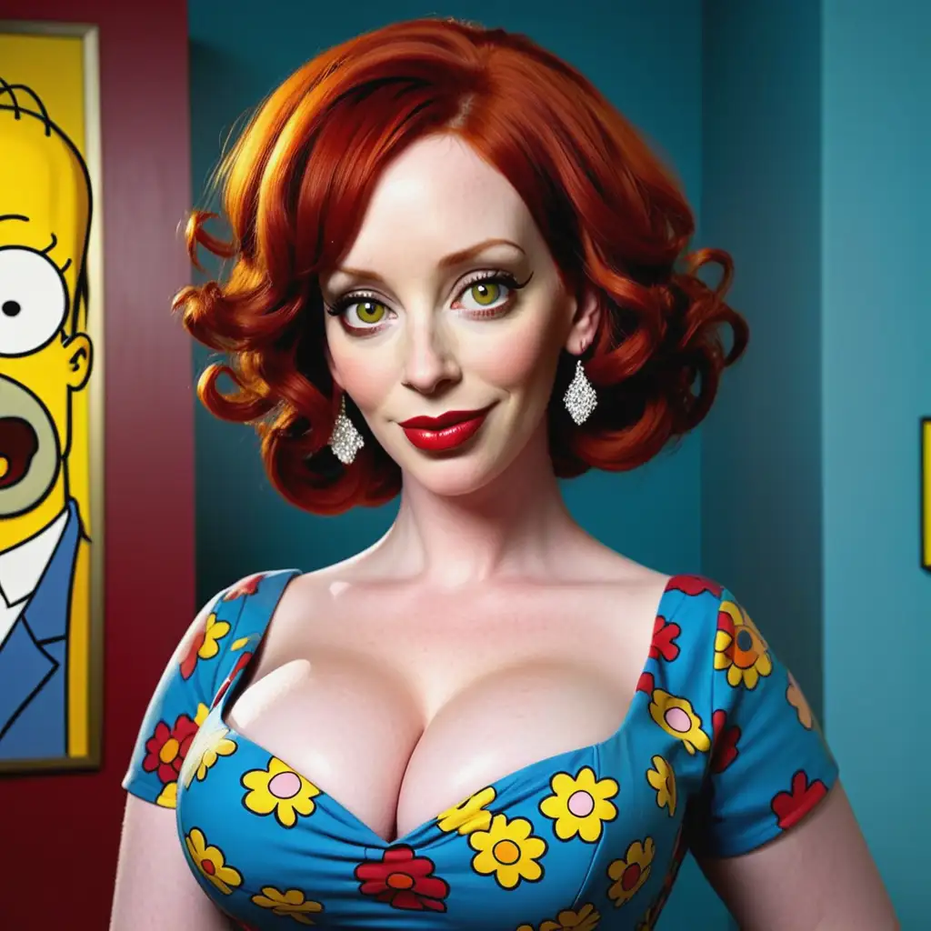 Create a character resembling Christina Hendricks in the distinctive style of 'The Simpsons' by Matt Groening. The character should have the classic yellow skin, large eyes, and overbite. Dress her in one of Christina Hendricks' iconic outfits, such as a colorful, whimsical dress with vibrant patterns. Give her her signature red hair styled in a playful and energetic manner. Make sure the character has a friendly and vibrant expression, capturing Christina Hendricks' charismatic and fun personality. Place her in a typical 'Simpsons' setting.