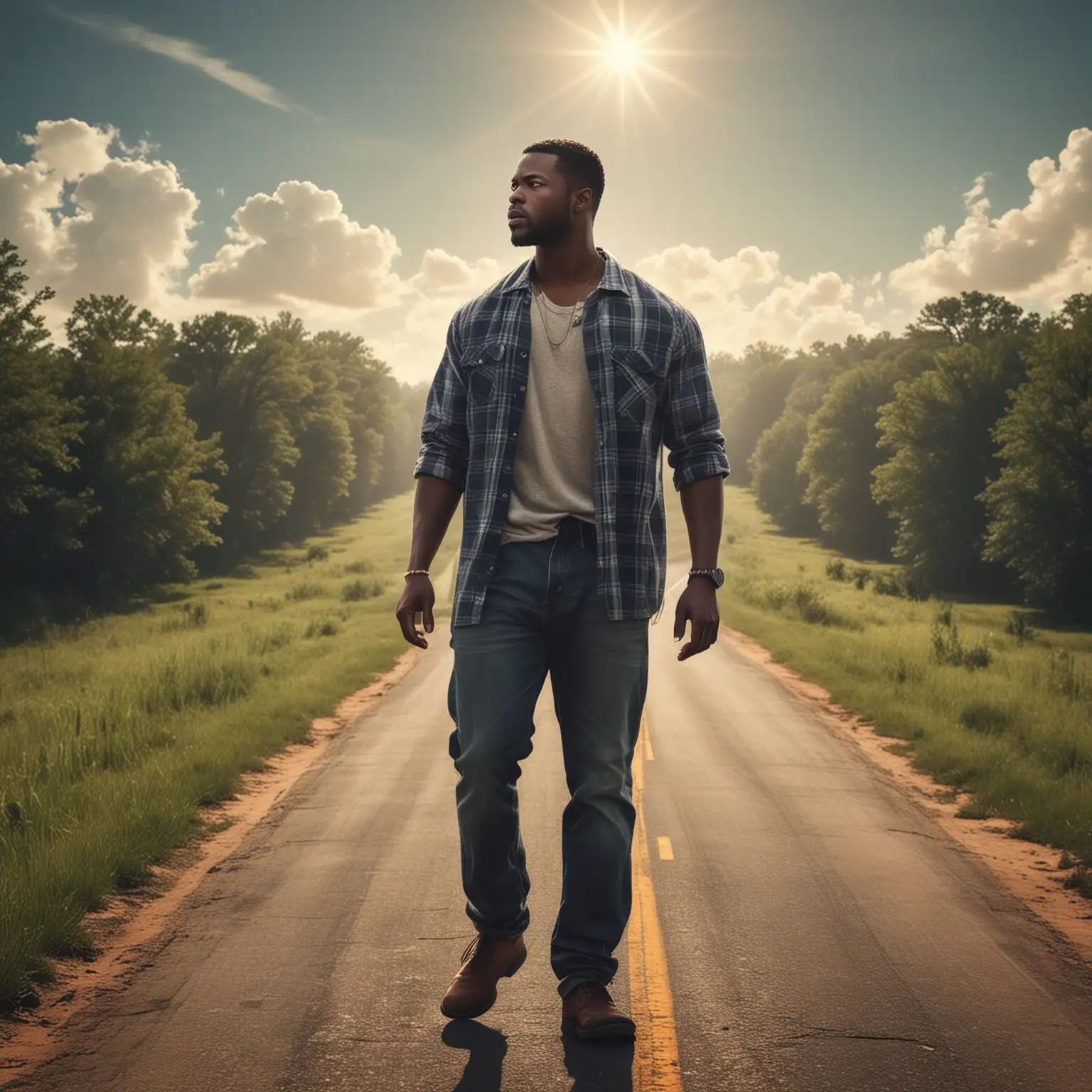 Make a realistic picture image of a conservative Black man on a country road depicting Once in a while drive without a compass.