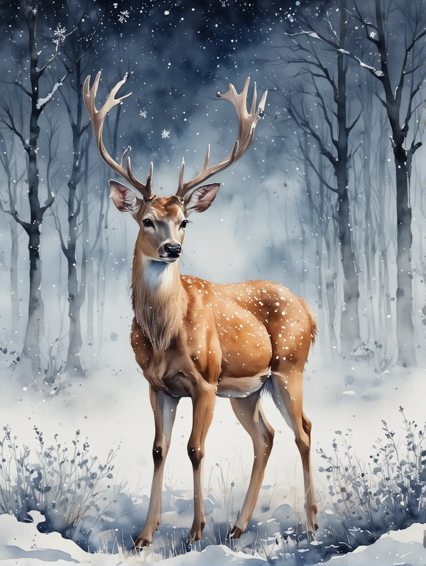 Graceful Deer in Winter Wonderland Watercolor Painting