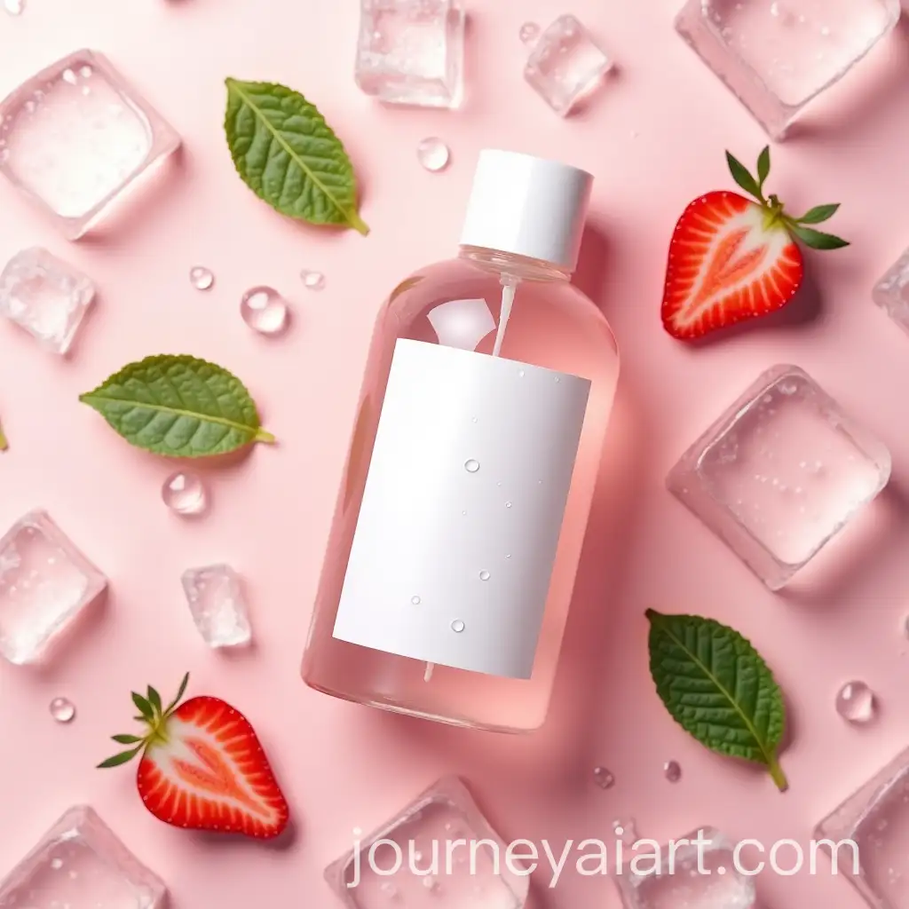 Cosmetic-Bottle-with-Water-Droplets-Mint-Leaves-and-Strawberry-on-Ice-Cubes-with-Pink-Gradient-Background