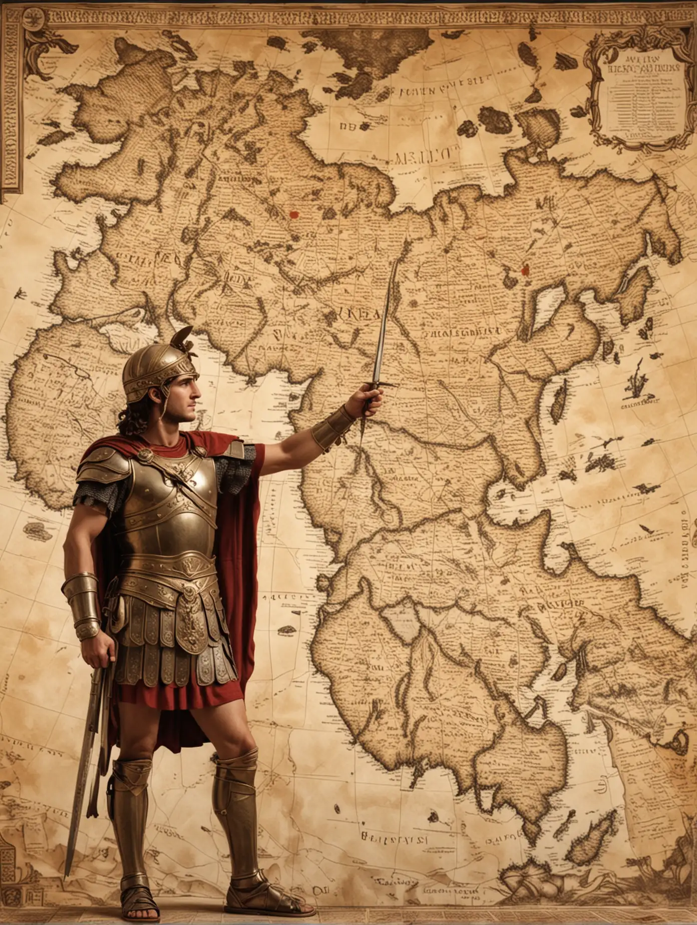 Alexander the Great standing in front of a huge world map, marking spots where he ‘won’ battles for subscribers.