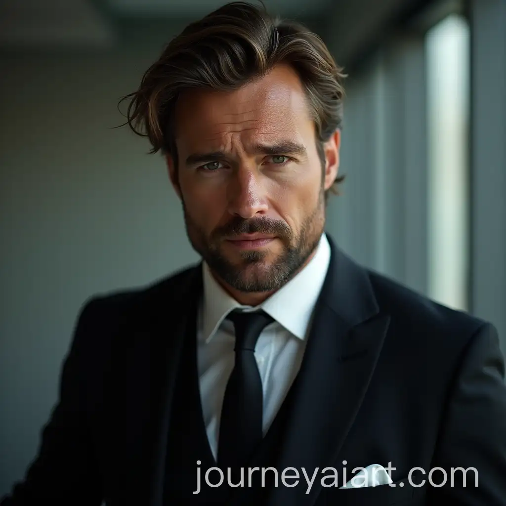 30YearOld-American-Man-in-Black-Suit-with-Messy-Hair-and-Corporate-Office-Background