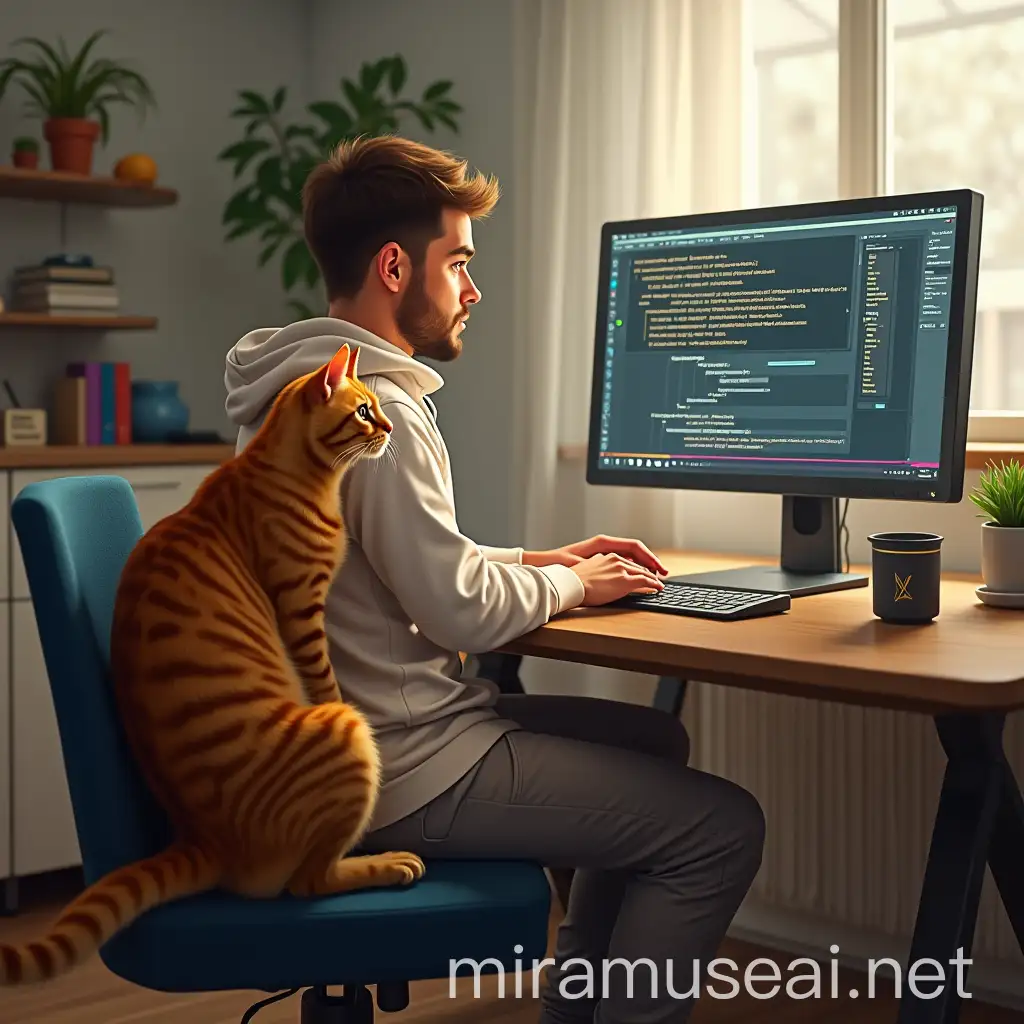 Programmer Working on Computer with Ginger Striped Cat