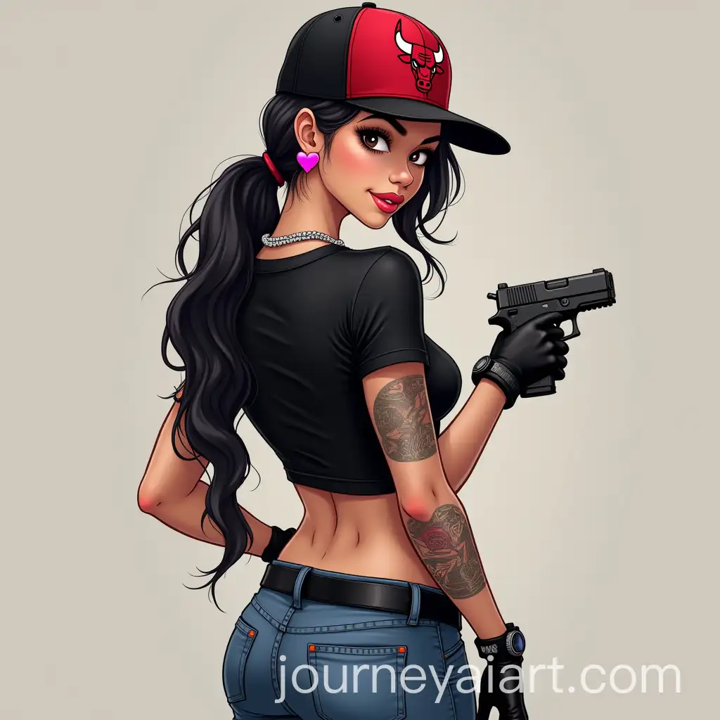 Strong-and-Stylish-Woman-with-Chicago-Bulls-Snapback-Tattoos-and-High-Heels-Holding-a-Gun