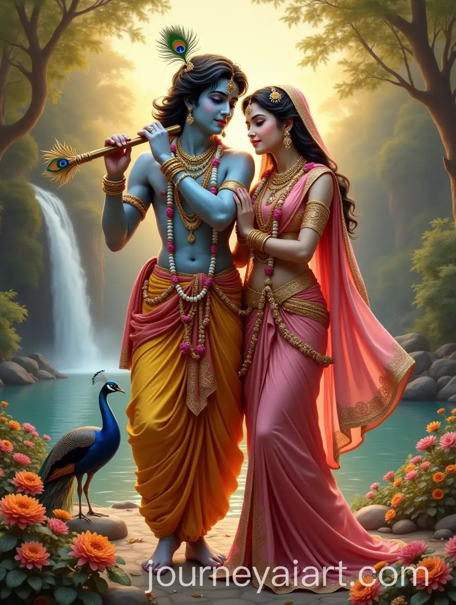 Radha-and-Krishna-in-Divine-Harmony-by-a-Lotus-Lake-with-Waterfall-and-Peacock