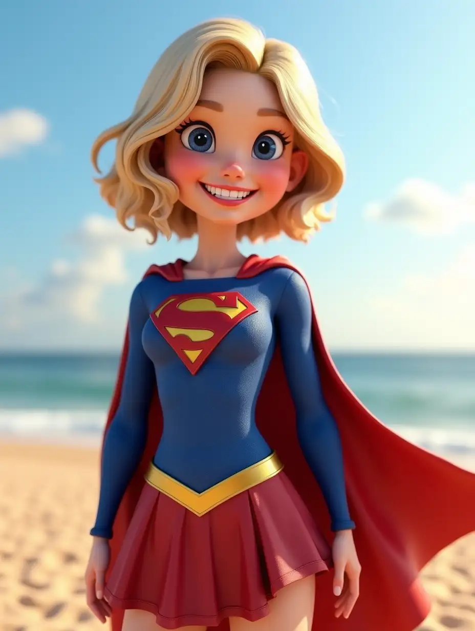 A hyper-realistic 3D render of a cheerful Supergirl standing on a beach, dressed in a highly detailed blue and red superhero suit with the iconic 'S' emblem on her chest. She has a bright smile, sparkling eyes, and rosy cheeks, expressing excitement and joy. Her golden belt and flowing red cape move slightly with the ocean breeze. Her short, wavy blonde hair is detailed with soft highlights reflecting the warm sunlight. The background features a peaceful beach with soft golden sand, gentle ocean waves, and a clear blue sky with a few fluffy clouds. The lighting is natural and cinematic, enhancing the textures of her suit, cape, and hair with ultra-high detail. The image is rendered in stunning 4K resolution, ensuring lifelike realism and depth