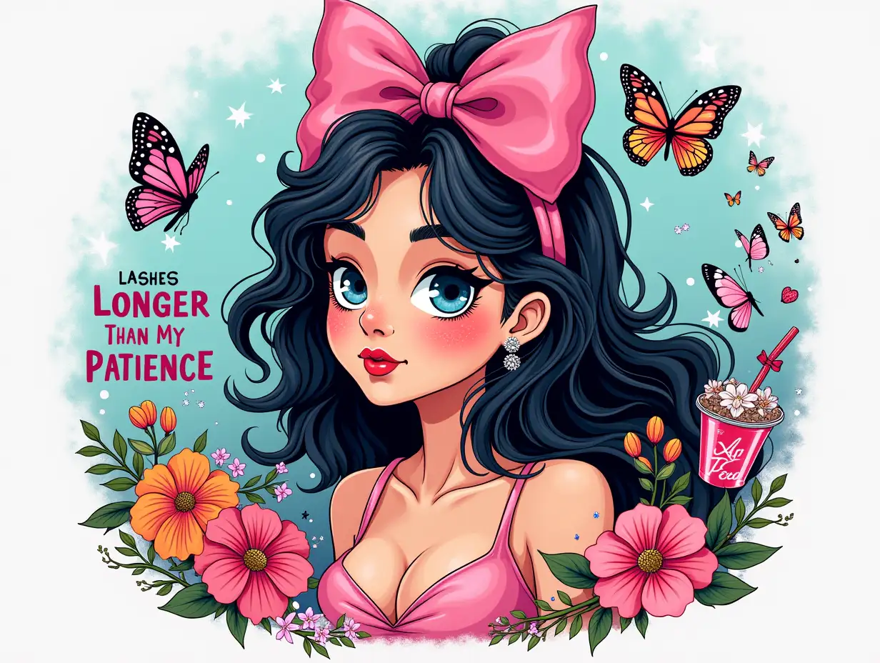 Vector illustration, Art style: realistic description, Art inspiration: realistic description, Camera: Super sharp images, Snapshot: Daylight, Related information to conclude Output: High Resolution 4k, Detail 8k. Create a whimsical, vibrant illustration of a young woman with flowing hair adorned with a large pink bow, set against intricate floral designs and colorful butterflies. The scene should blend pop art and illustration styles, featuring bright pastel colors like pink, turquoise, and soft black. Depict the woman with a playful expression, freckles, and bold makeup, accessorized with beauty products like lipstick and a stylish drink. The text 'LASHES LONGER THAN MY PATIENCE' should be written in bold, colorful letters. The background should be filled with glitter and other decorative elements.