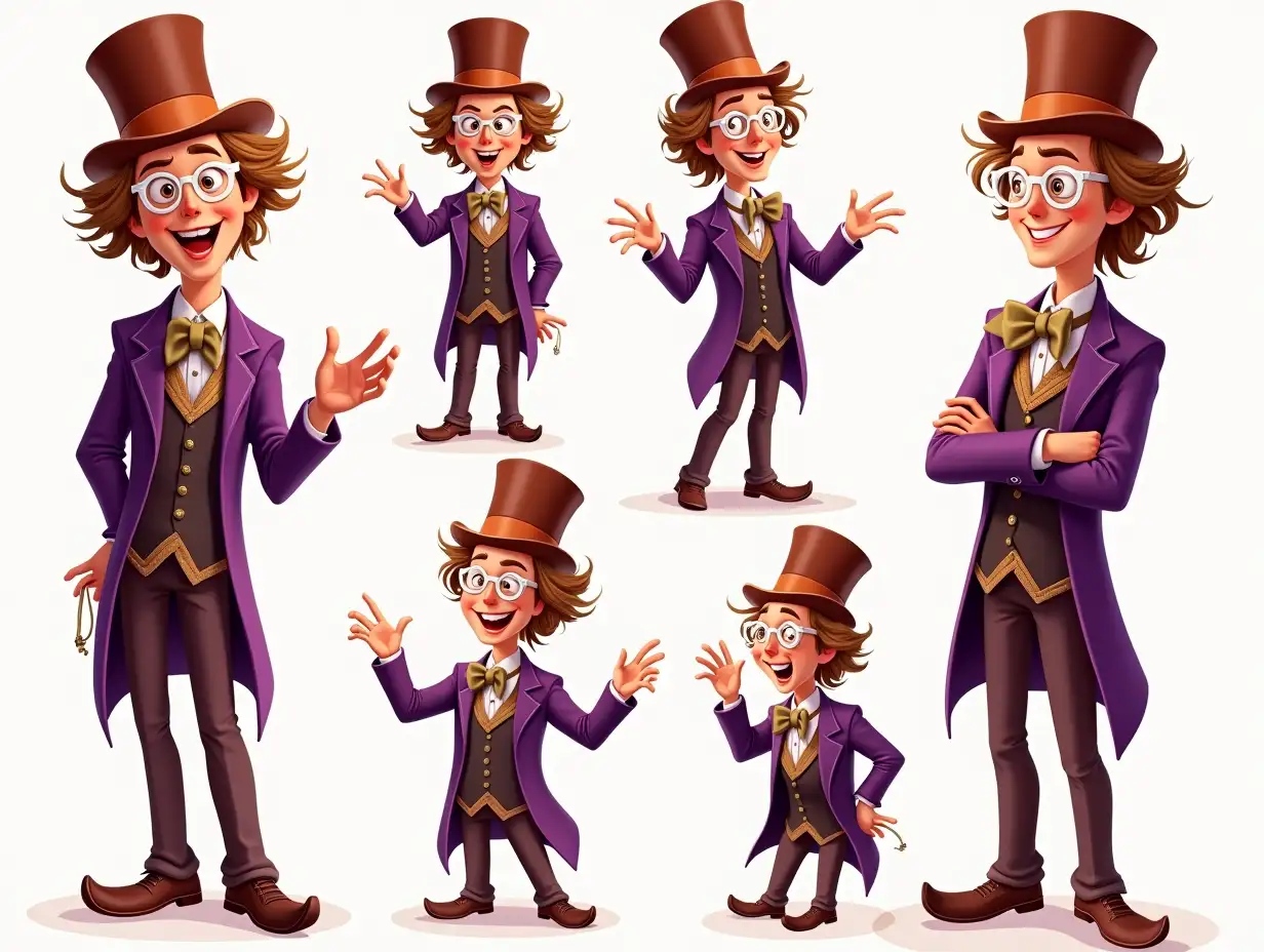 Create an image of a cartoon character inspired by Willy Wonka from the 2005 film Charlie and the Chocolate Factory. The character should be dressed in a purple suit and hat. Be sure to include white glasses, just like in the movie. Illustrate Willy Wonka in various poses and with a range of emotions to showcase his vibrant and eccentric personality. The atmosphere should be bright and whimsical, conveying a sense of magic and adventure.