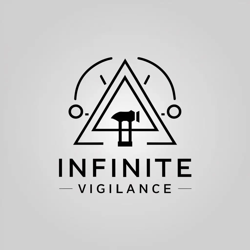 a vector logo design,with the text "Infinite vigilance", main symbol:Triangle Hammer Arc symmetry,Minimalistic,be used in Technology industry,clear background