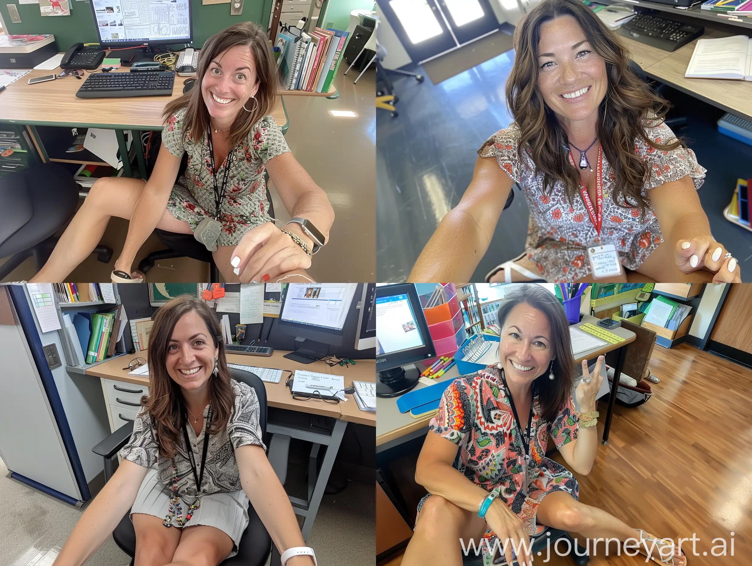 Cheerful-Elementary-School-Teacher-Taking-Desk-Selfie