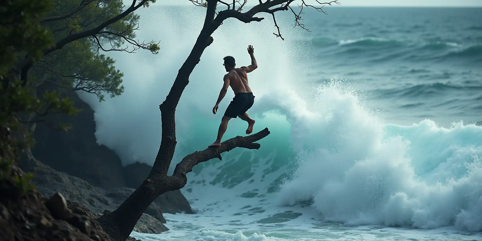 Man Climbing Tree Branch in Stormy Seas