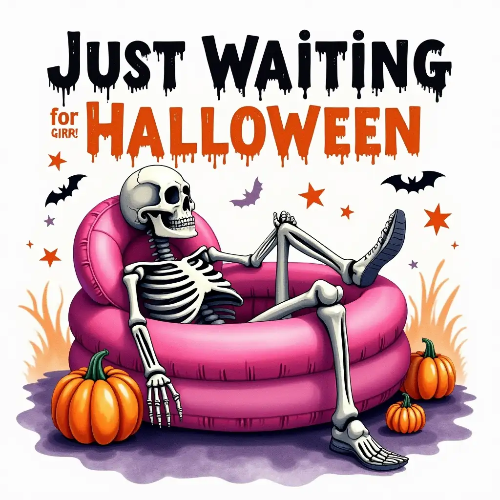 Watercolor. Create a vibrant and humorous Halloween-themed design featuring a relaxed skeleton lounging on a bright pink inflatable pool float. The skeleton should be surrounded by Halloween elements such as carved pumpkins, bats, and colorful stars in shades of orange, purple, and black. The background should evoke a playful, spooky atmosphere, with the text 'Just Waiting for Halloween' displayed in bold, black, distressed letters at the top and bottom of the image. The overall style should be fun, colorful, and perfect for capturing the anticipation of the Halloween season.