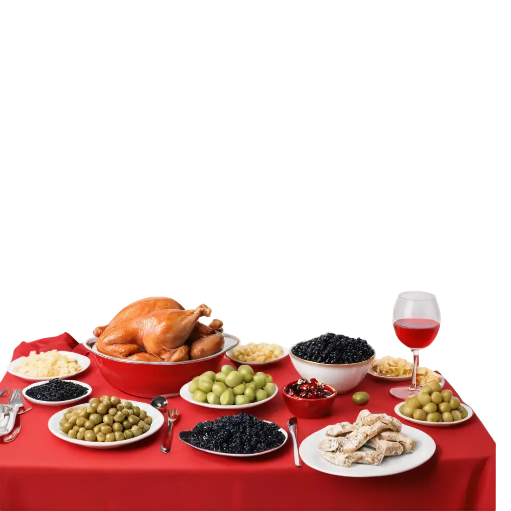 Realistic-PNG-Image-of-a-Table-Covered-with-Red-Tablecloth-and-New-Years-Feast-Olives-Caviar-and-Turkey