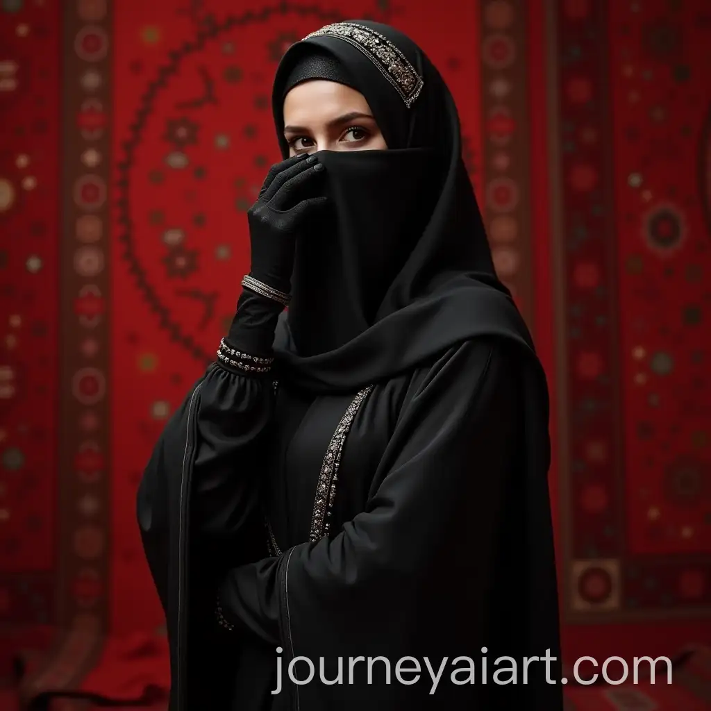 Dagestan-EthAI-Art-Prompt-Expansionnic-Style-Avatar-with-Red-Carpets-and-Faceless-Muslim-Woman-in-Black-Silk-Garment