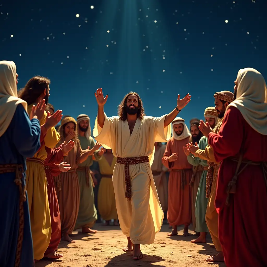 Jesus Christ participating in a traditional Middle Eastern dance, surrounded by people in vibrant, historical garments, under a starry night sky.