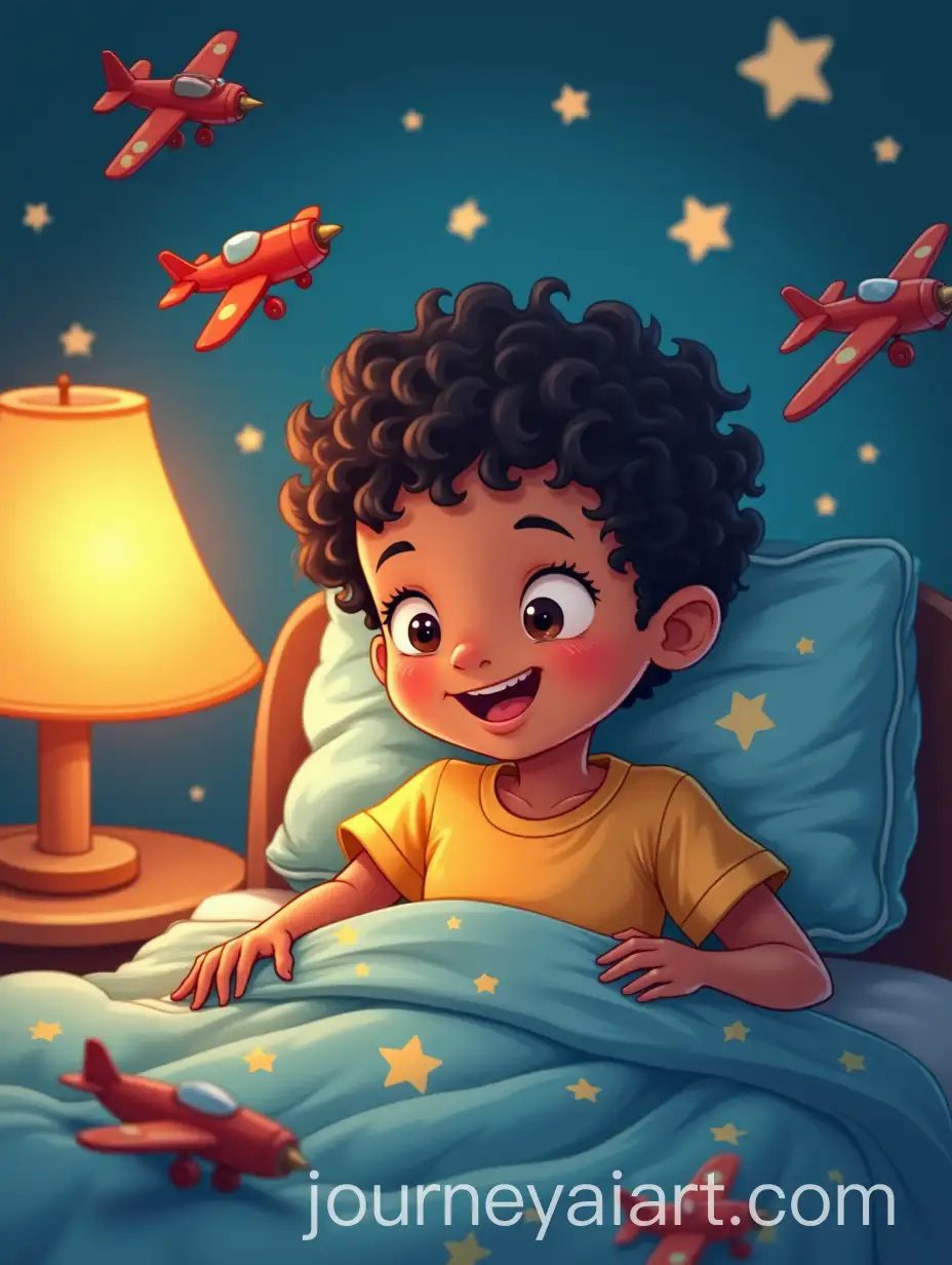 Cheerful-Little-Boy-in-Bed-with-AirplaneThemed-Room-and-Toy-Airplanes