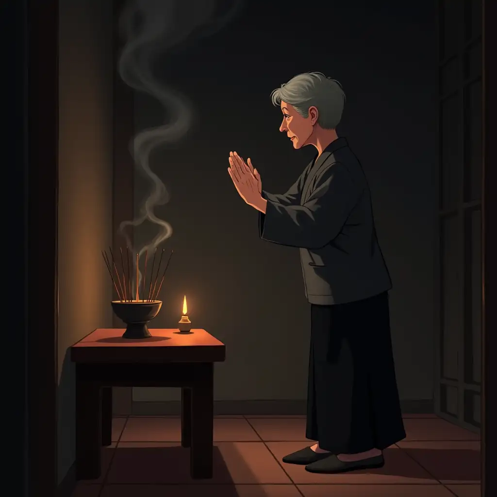 Chinese suspense animation, high quality, perfect detail, a 65-year-old woman with short salt-and-pepper hair, wrinkled face, bent figure, wearing a dark gray twill dress and black wide-legged pants. She looked solemn, slightly relieved, gently picked up the lighted sandalwood with both hands, and carefully inserted them into the incense burner on the serving table. Then, she slowly stood upright, clasped her hands above her head, bowed deeply to the ancestral tablet, and worshipped three times in a row. Her movements were slow and reverent, and there was a hint of awe and anticipation in her eyes, as if she were praying for the blessing of her ancestors. The side room is dark, the faint light casts swaying shadows on the walls, and the sandalwood smoke slowly permeates the air, creating a solemn and mysterious atmosphere.