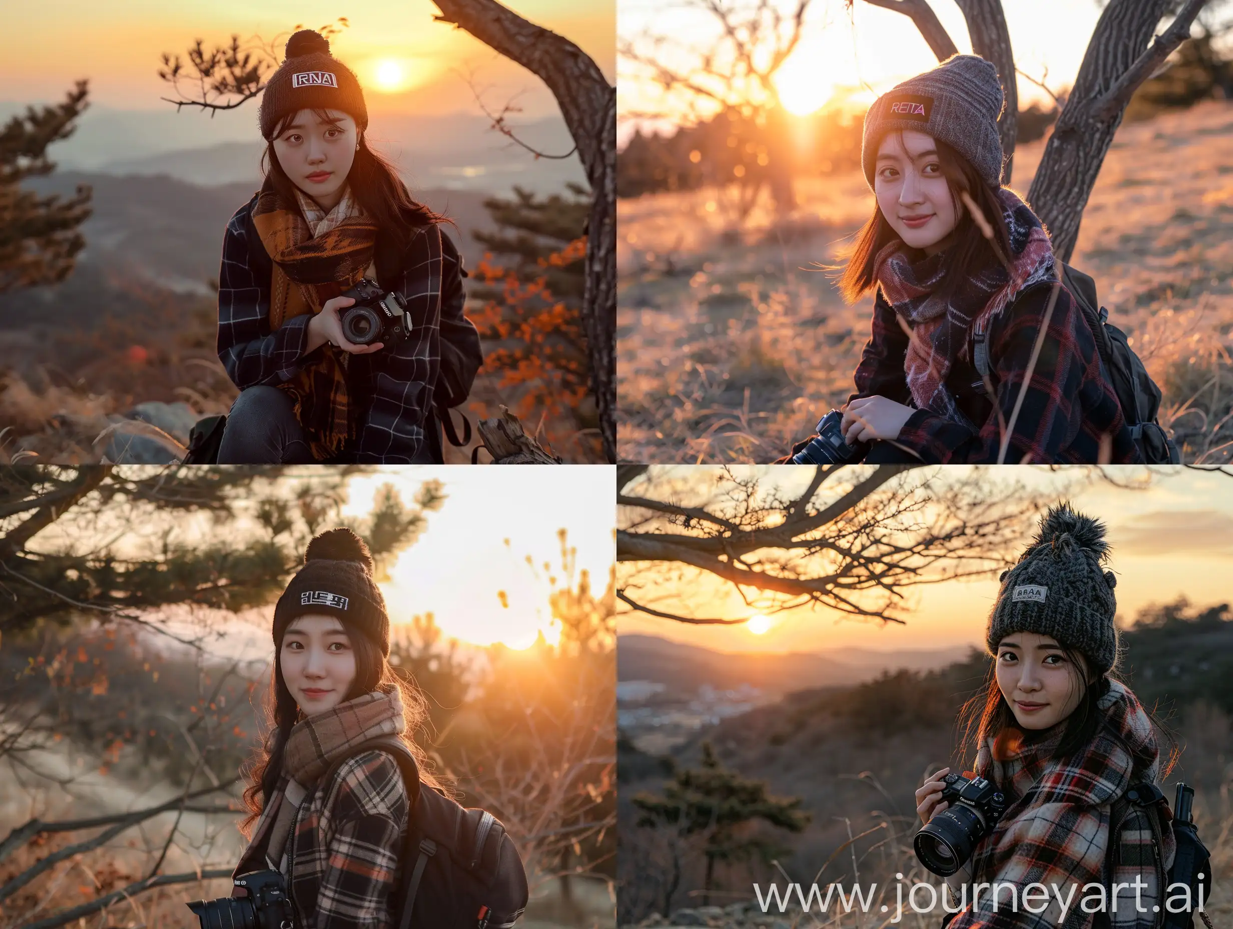 Korean-Woman-Capturing-Sunset-in-Nature-with-Camera-and-Backpack