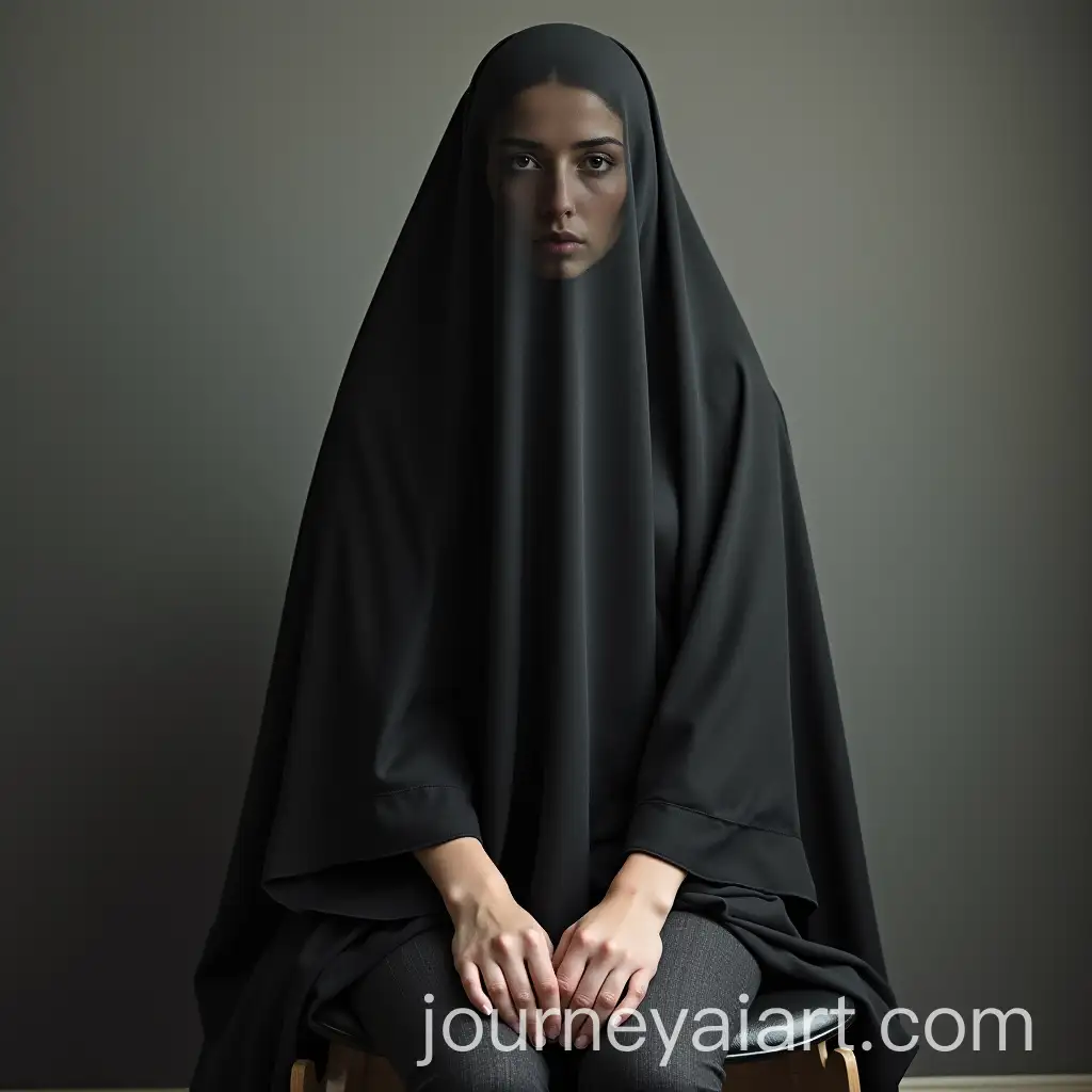 Veiled-Woman-Sitting-on-Chair-with-Direct-Gaze
