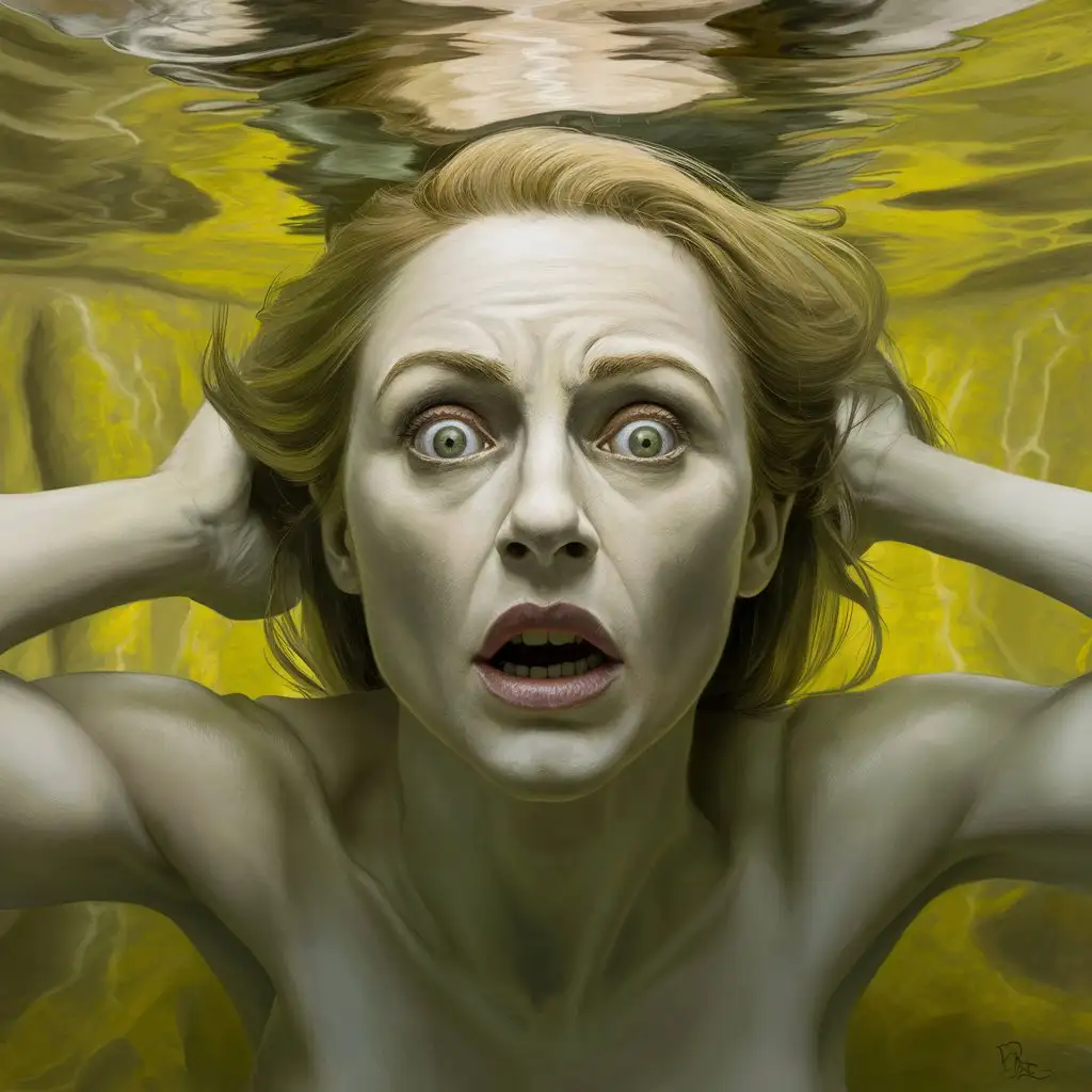 a realistic portrait of a woman underwater, in a state of shock, in yellow and white tones, reflecting emotional shock