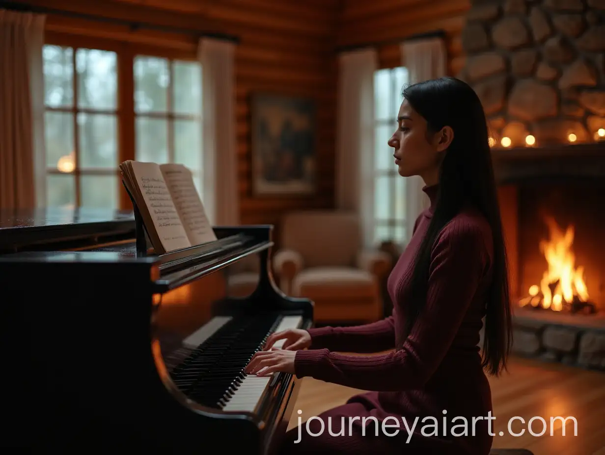 Young-Woman-Playing-Piano-by-Cozy-Fireplace-in-Winter