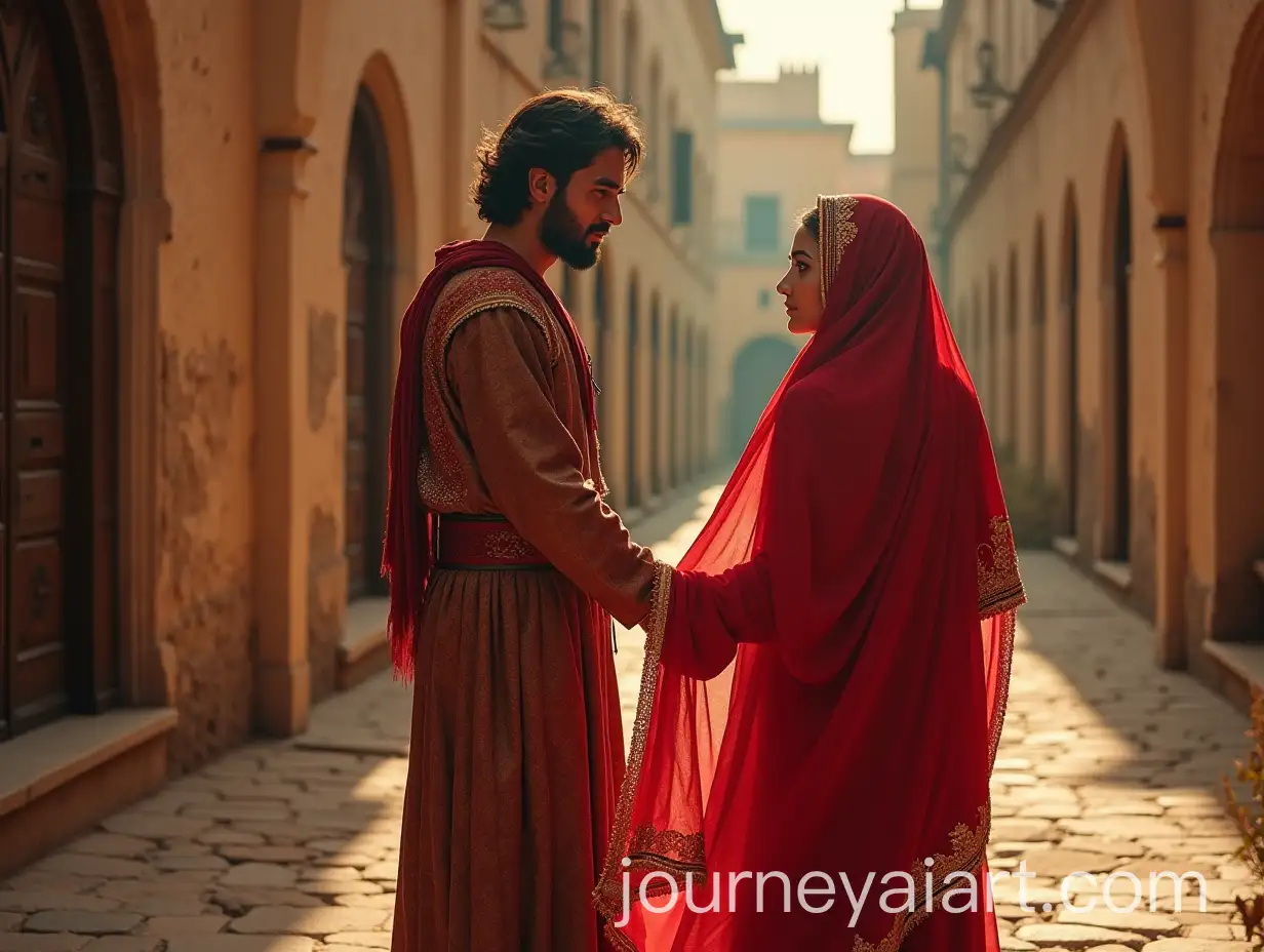Romantic-Couple-in-Algerian-Historic-Setting-with-Traditional-Red-Caftan