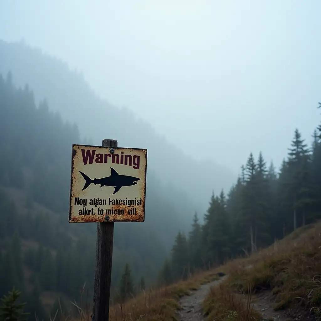 a sordid sign at a hiking trail in the mountains, warning of sharks that might be present in the surrounding; foggy weather