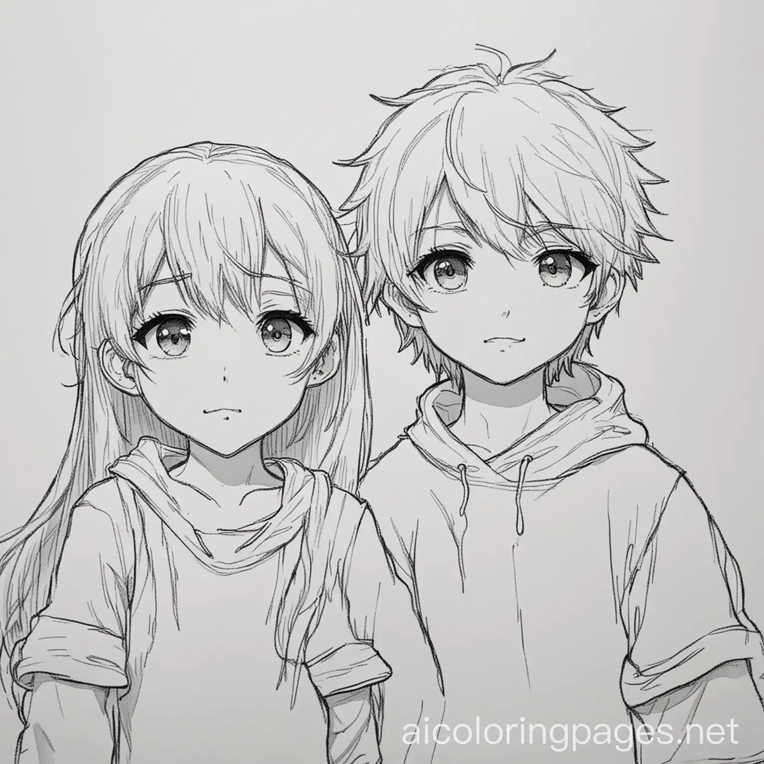 anime boy and girl, Coloring Page, black and white, line art, white background, Simplicity, Ample White Space. The background of the coloring page is plain white to make it easy for young children to color within the lines. The outlines of all the subjects are easy to distinguish, making it simple for kids to color without too much difficulty