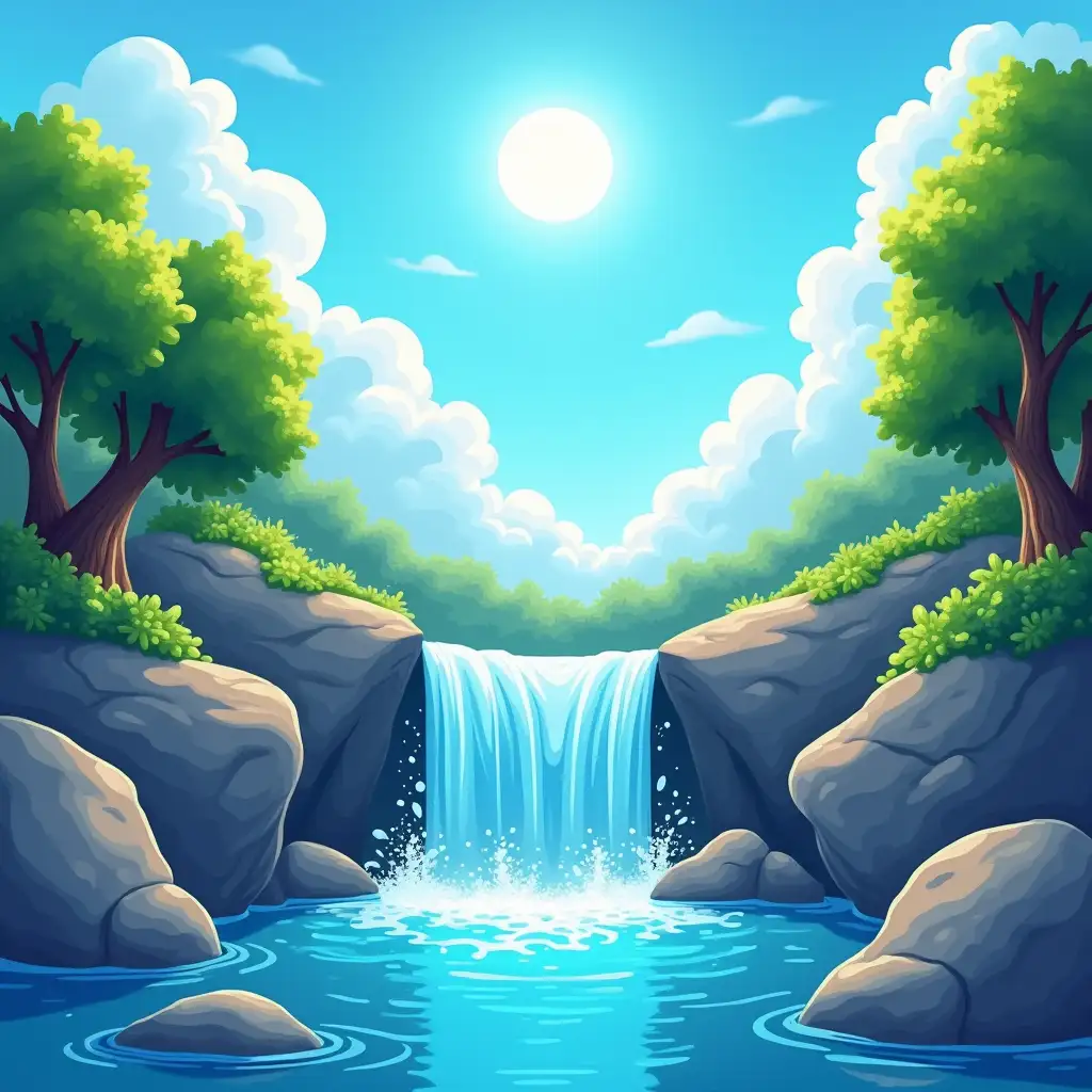 Vibrant cartoon-style landscape featuring a scenic waterfall, with crystal-clear water cascading over big gray rocks into a peaceful river, lush green trees framing the scene against a bright blue sky filled with fluffy white clouds, serene atmosphere enhanced by the radiant sun, inviting colors that evoke a sense of tranquility, 