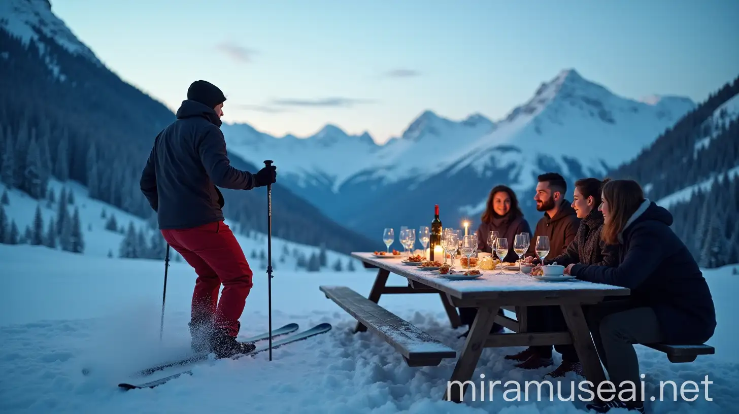 Young Adults Enjoying White Wine and Appetizers in a Snowy Mountain Setting