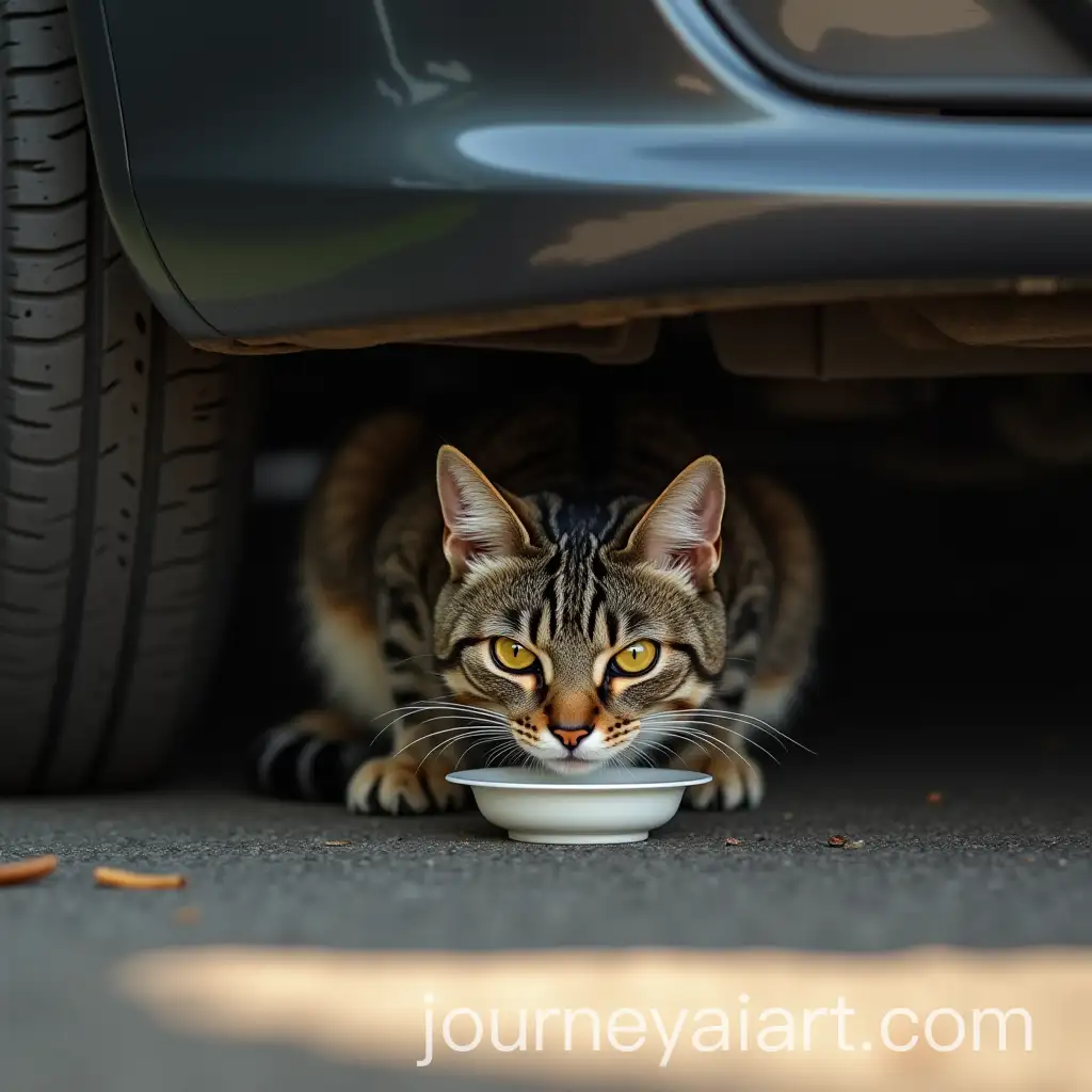 Content-Cat-Enjoying-Milk-Beneath-a-Parked-Car