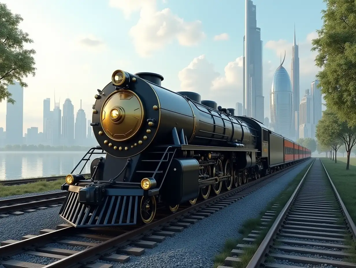 Create a high-resolution realistic image in 4k resolution: a futuristic black and gold locomotive with silver on tracks, in the city with trees, a lake with futuristic tall buildings and a cloudy sky