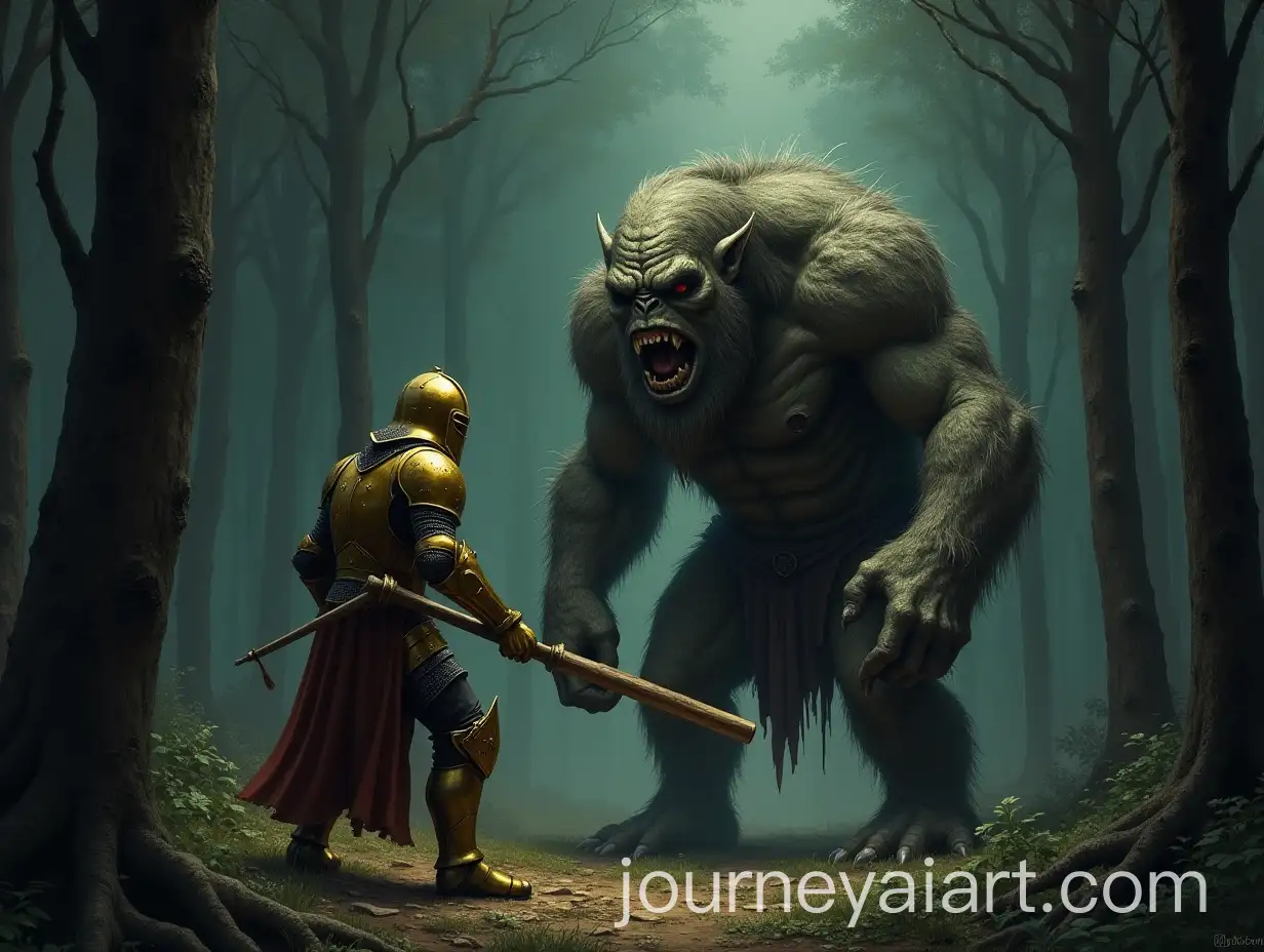 Knight-in-Golden-Armor-Defends-Against-Troll-in-Dark-Forest