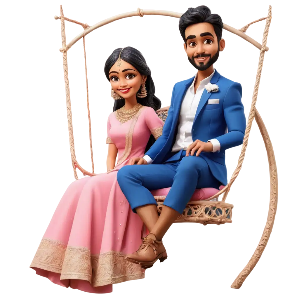 South-Indian-Wedding-Caricature-PNG-Bride-in-Pinkish-Lehenga-and-Groom-in-Blue-Coat-Suit-Under-the-Moonlight