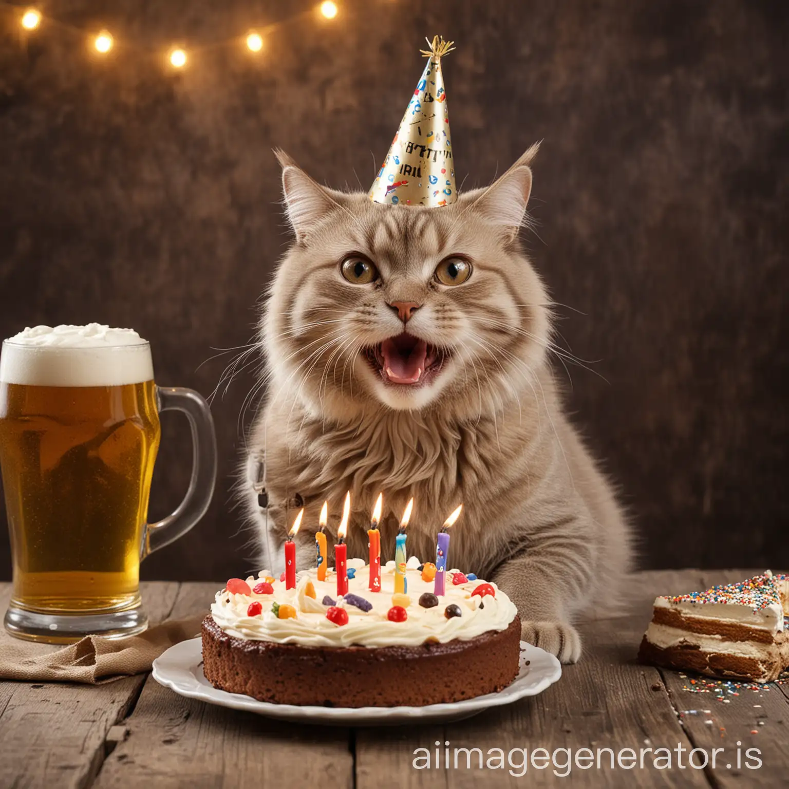 Happy cat wishing birthday with cake and beer