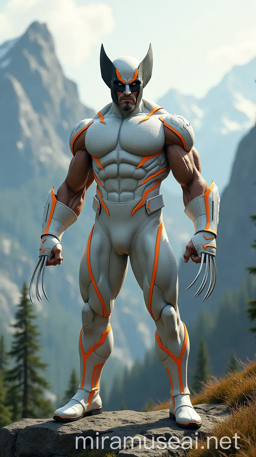 Superhero Standing Defiantly in White Suit with Orange Accents HyperRealistic Landscape Background