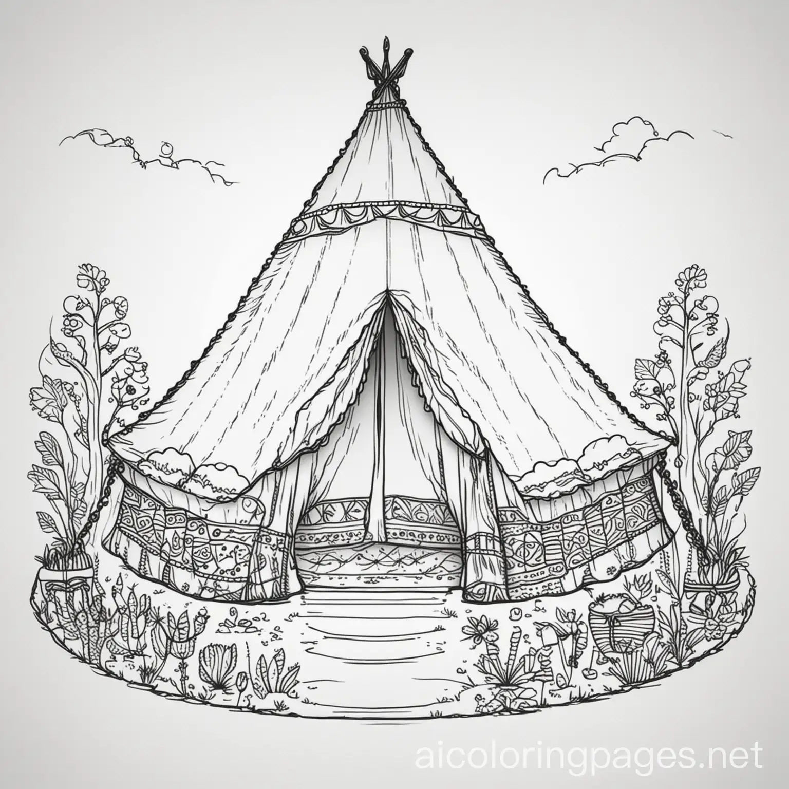 a Cute tent at a festival for adults , Coloring Page, black and white, line art, white background, Simplicity, Ample White Space. The background of the coloring page is plain white. The outlines of all the subjects are easy to distinguish, making it simple to color without too much difficulty, lots of patterns, boho style, Coloring Page, black and white, line art, white background, Simplicity, Ample White Space. The background of the coloring page is plain white to make it easy for young children to color within the lines. The outlines of all the subjects are easy to distinguish, making it simple for kids to color without too much difficulty