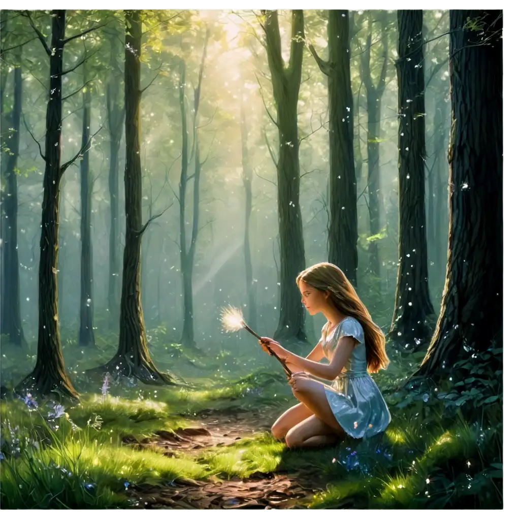 Mystical-Forest-PNG-Girl-and-Glowing-Paintbrush-Amidst-Sparkling-Magic