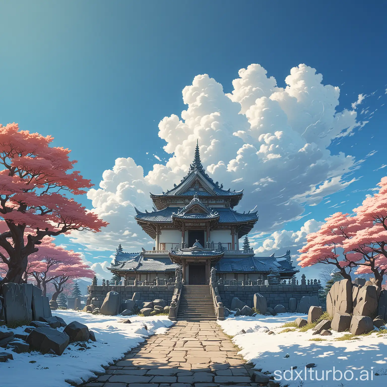 Ghibli-Anime-Style-Winter-Landscape-with-Stone-Temple-and-Blue-Sky