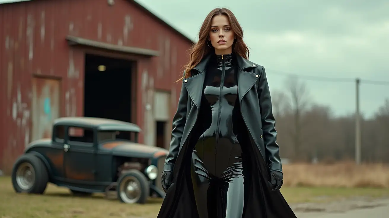 Woman-in-Black-PVC-Catsuit-and-Trench-Coat-at-Abandoned-Factory-with-Ford-32-Hot-Rod