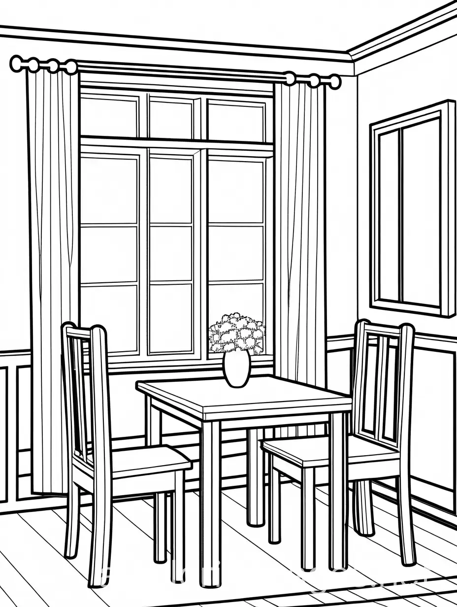 Create a simple, outlined coloring page for children, featuring the interior of a house. The background should include a few basic elements like a table, chair, and window, drawn in a minimalistic style with bold and smooth lines. The design should be simple, clean, and child-friendly, leaving space for easy coloring. No animals or additional elements should be included.