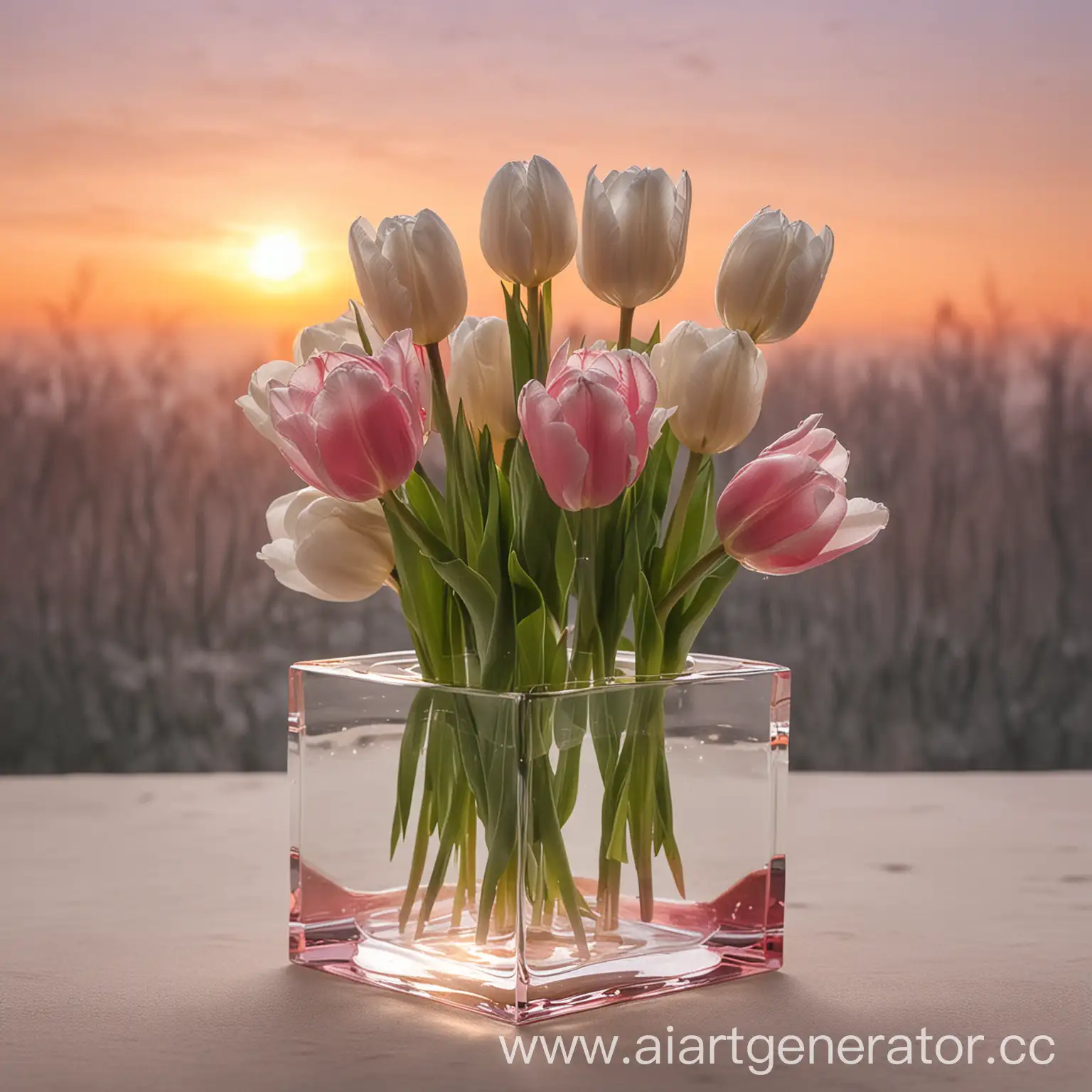 White-and-Pink-Tulips-in-Glass-Cube-at-Sunset