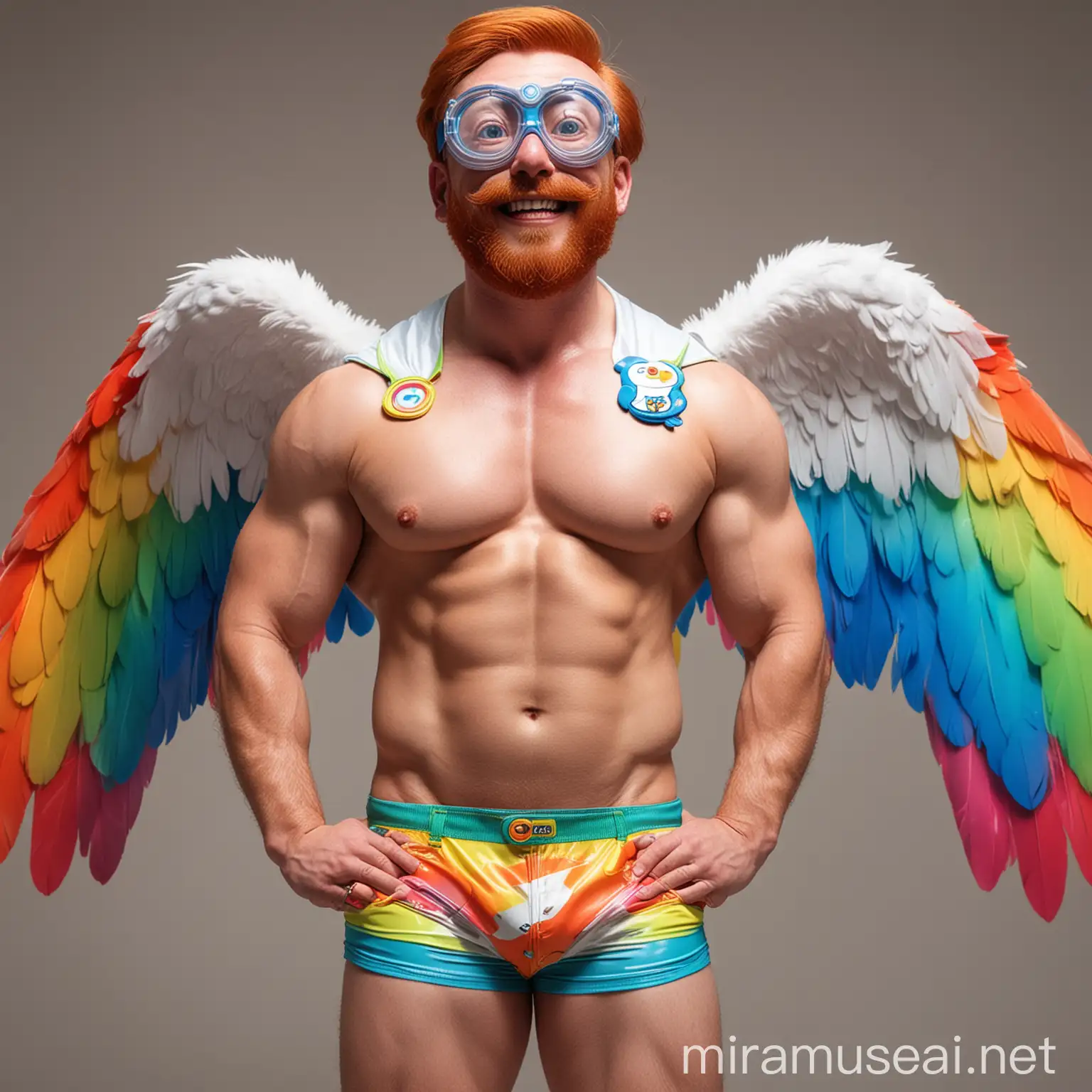 Muscular Bodybuilder Flexing Arm in Rainbow Jacket and Doraemon Goggles