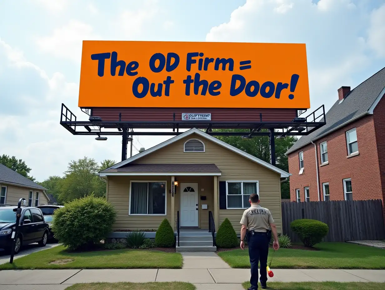 Billboard that says The OD Firm = Out the Door!, in navy blue text with an orange background, Above a chicago bungalow where the sheriff's Department is using a battering ram to breach the front door.